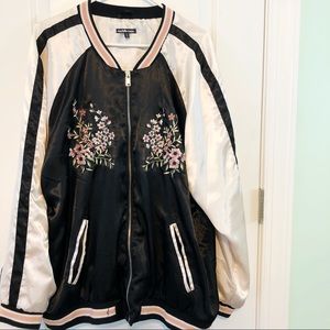 black and white floral silk bomber jacket